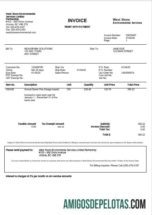 realista Modelo Word e PDF para fatura de serviços públicos de negócios dos EUA WEST SHORE